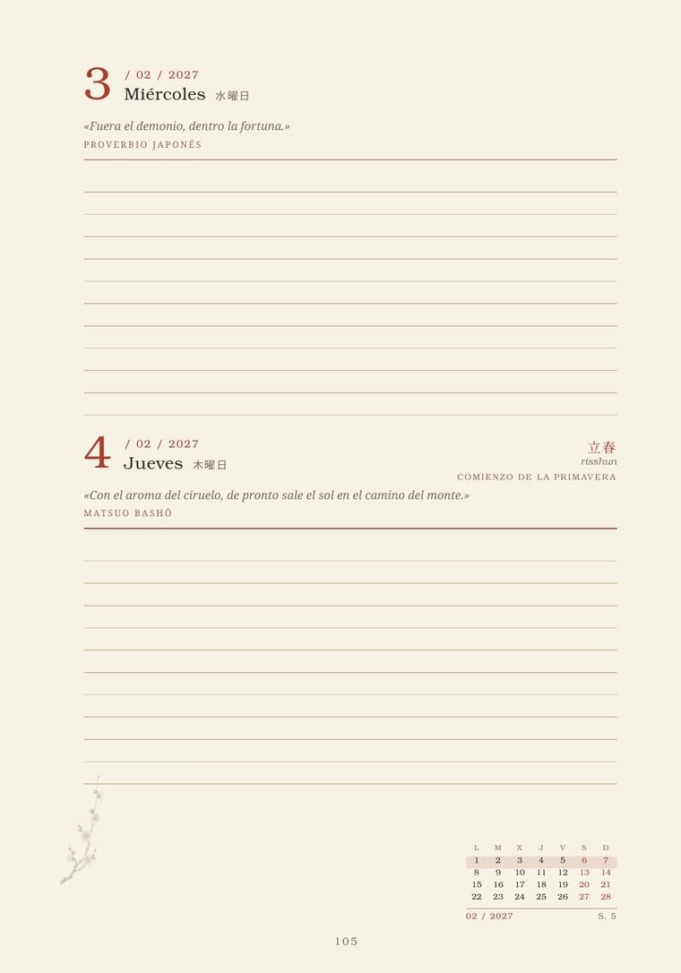 Página del libro con los días 3 y 4 de febrero, cada uno con su cita japonesa, once renglones y el minicalendario del mes
