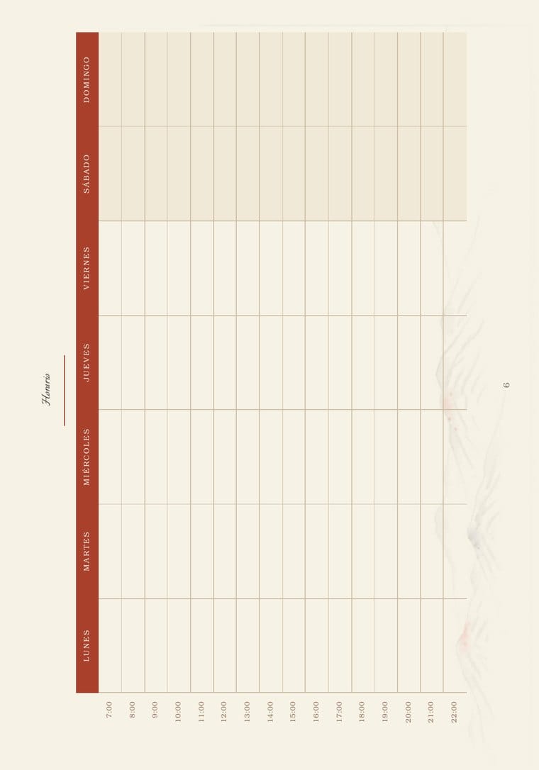 Rejilla de horario semanal impresa en apaisado, con los siete días y las franjas de hora