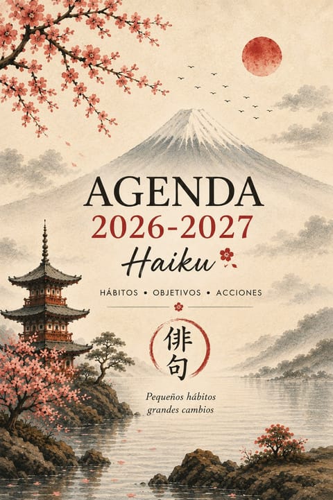 Cubierta de la Agenda 2026-2027 Haiku: el monte Fuji a la aguada con una pagoda, un cerezo en flor y un sol rojo